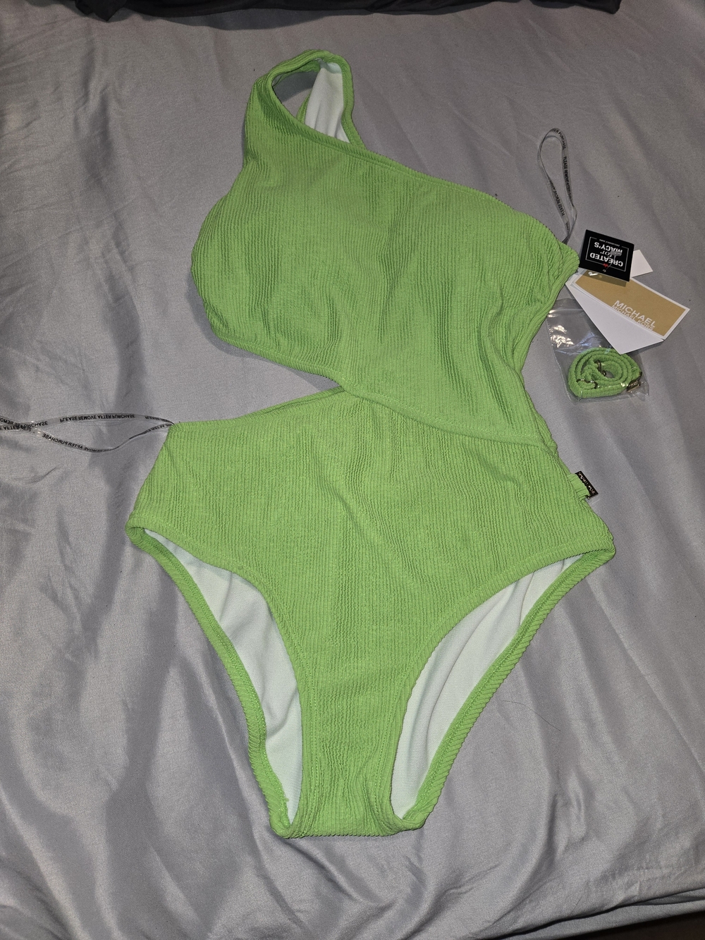 MICHAEL Michael Kors One-Shoulder Textured Lime Green One-Piece Swimsuit